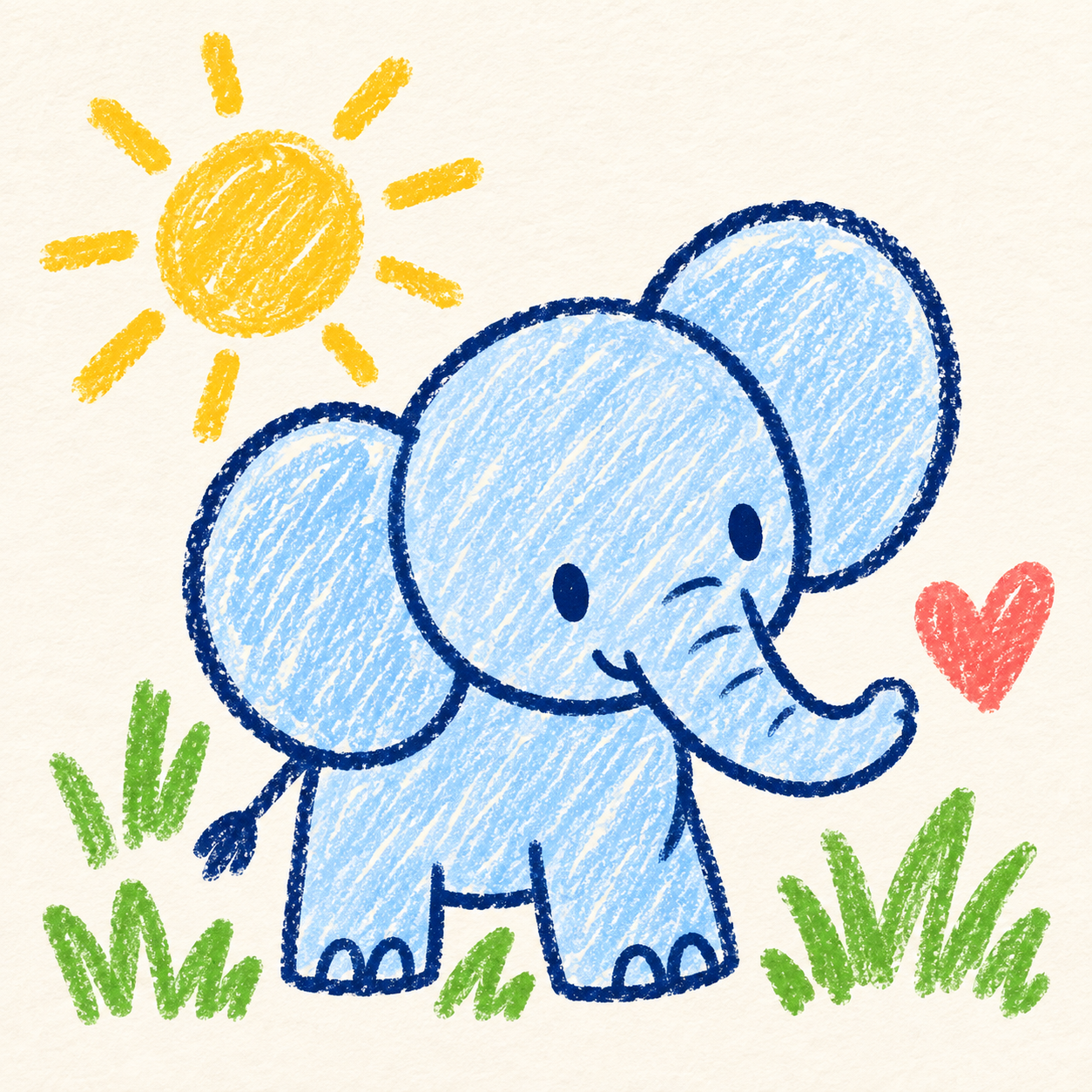 Blue crayon elephant beneath a yellow sun