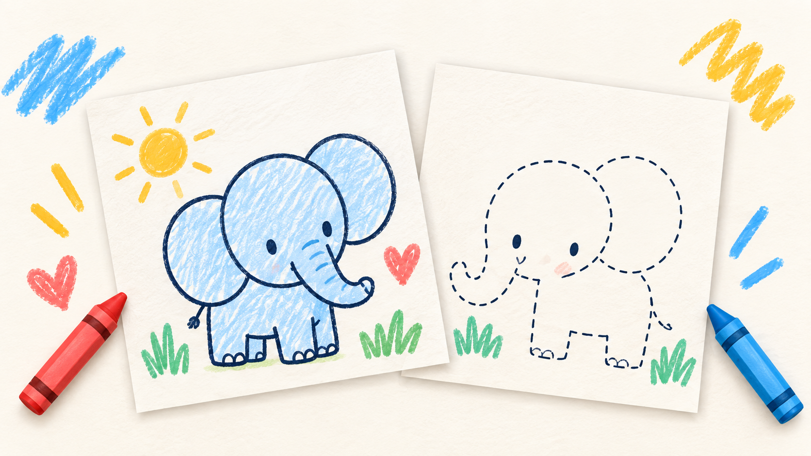 Two elephant drawings: a colored picture beside its matching drawing guide