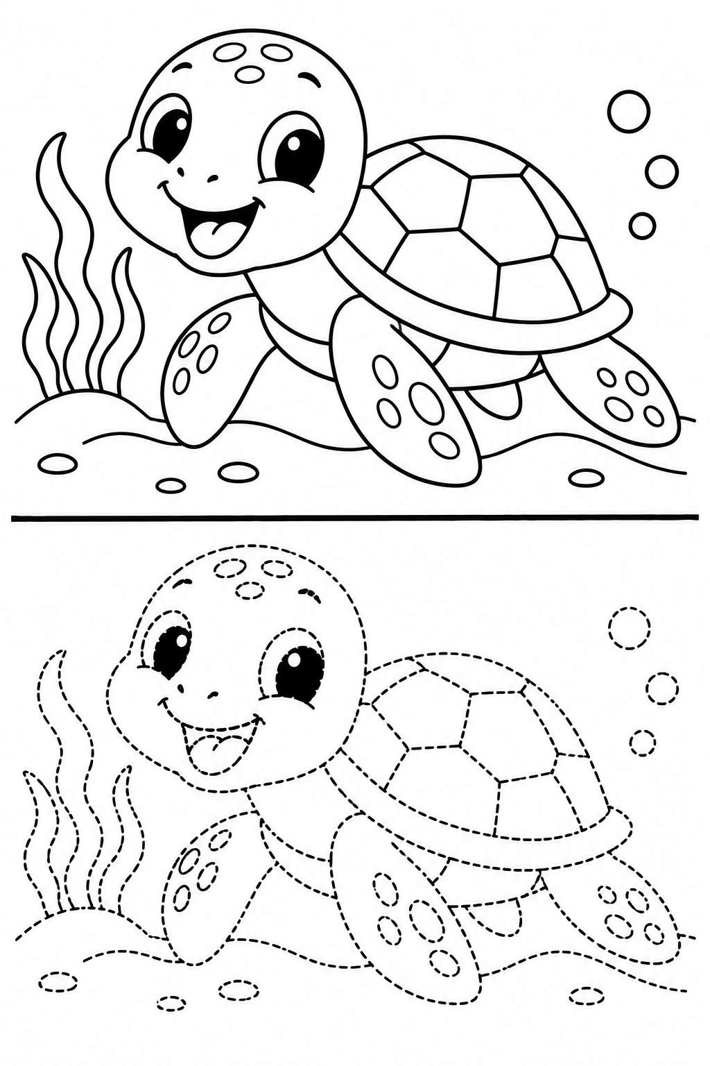 Sample color-and-draw turtle page for ages 1-3